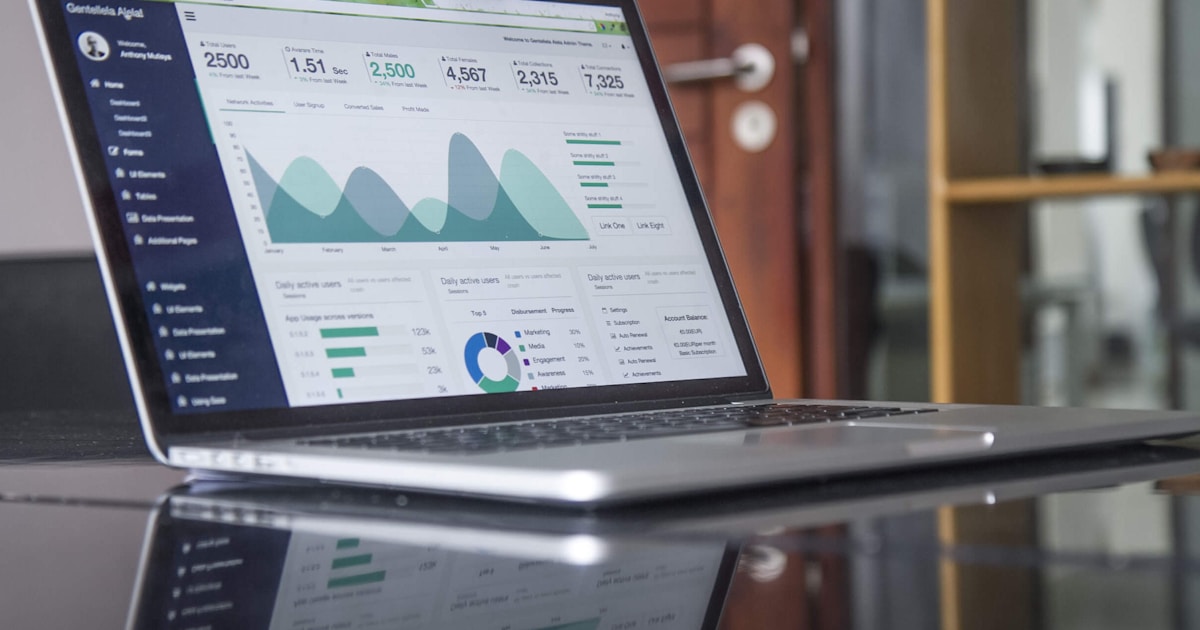 Laptop with spreadsheets and reports for data synchronisation